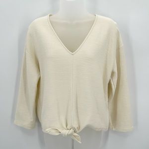 Madewell Texture & Thread Tie Front Top Ribbed 3/4 Sleeves Vneck K4775 Cream